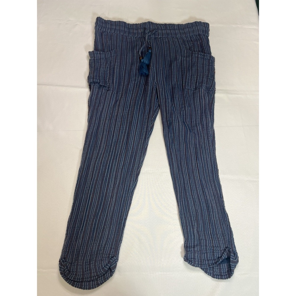 Natural Life Pants Striped Boho Crop Blue XL Tassel Drawstring Hippie Grunge